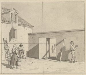 منظور خطي مطبق على فن الرسم - مسودة رسم غير مستخدم - فناء دنماركي به أربعة مزارعين وحرفيين. بواسطة كريستوفر فيلهلم إكرسبيرج