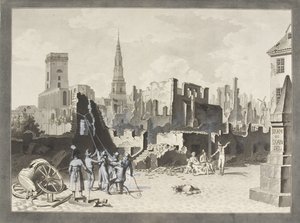 ساحة Ulfeldt ، تسمى الآن Gråbrødertorv ، بعد القصف البريطاني في سبتمبر 1807 بواسطة كريستوفر فيلهلم إكرسبيرج
