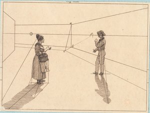 شخصان في بناء هندسي. رسم توضيحي لـ "المنظور الخطي" ، اللوحة الرابعة بواسطة كريستوفر فيلهلم إكرسبيرج