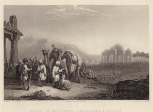 Scene in Kattiawar, Travellers and Escort (engraving)