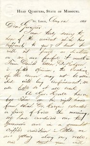 وقعت الرسالة CC Bailey ، المقر الرئيسي ، ولاية ميسوري ، سانت لويس ، إلى الحاكم [Hamilton R. Gamble] ، 12 أغسطس ، 1863 بواسطة CC بيلي