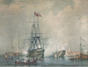 HMS Victory يطلق تحية ملكية في ميناء بورتسموث ، من المغامرة البريطانية التي نشرها كولينز ، 1947 بواسطة CJM Whatello