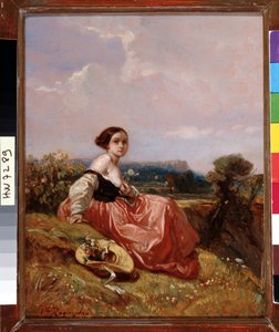 فتاة صغيرة ترتدي القبعة أمام جبل سانت فيكتوار، لوحة لكاميل روكيبلان (1803-1855) ديم. 18 × 23 سم إشارة إلزامية: مجموعة التحيات التأسيسية لبروفانس، مرسيليا بواسطة كميل جوزيف إتيان روكيبلان