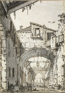 Capriccio: شارع يتقاطع مع أقواس (وجه الوجه) رسومات تخطيطية لمدخل ودرج وطابق ثان من المبنى (ظهر) بواسطة كاناليتو