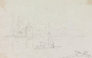 رسم تخطيطي لقارب شراعي ومبنى على الشاطئ بواسطة Capt. Thomas Hastings