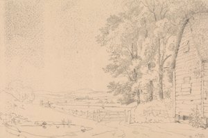 رسم تخطيطي لمبنى بسقف من القش ونهر خلفه بواسطة Capt. Thomas Hastings