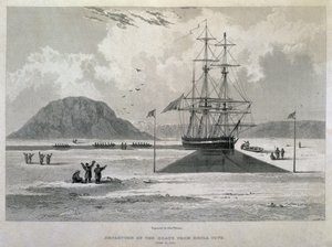 مغادرة القوارب من هيكلا كوف ، 21 يونيو 1827 ، من مجلة رحلة ثالثة لاكتشاف ممر شمالي غربي من المحيط الأطلسي إلى المحيط الهادئ تم إجراؤها في السنوات 1824-25 في HMs بواسطة الكابتن جورج فرانسيس ليون
