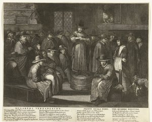 الرسوم المتحركة على الكويكرز الإنجليزية ، ج .1656 لقاء كويكر / Fronti Nulla Fides / اجتماع الكويكرز (العنوان على الكائن)