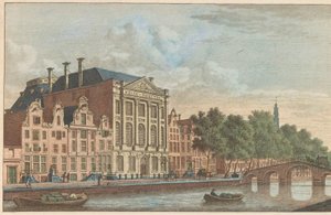 مبنى فيليكس ميريتس في أمستردام ، حوالي عام 1790 Gebouw der Maatschappy Felix Meitis in Amsterdam / Edifices de la societe dit Félix Méritis à Amsterdam (العنوان على الكائن) بواسطة كاريل فريدريك بندورب (أنا)