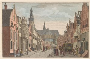 Langestraat في الكمار ، حوالي 1790 Langestraat و Town Hall و Grote Kerk في الكمار / شارع لونغ - Hotel de Ville - et grande Eglise à Alkmaar (العنوان على الكائن)