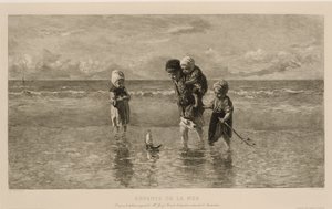 أربعة أطفال يلعبون بقارب لعبة على الشاطئ في مياه البحر الضحلة أطفال البحر Enfants de la Mer (العنوان على الكائن) بواسطة فرانس بوفا أون زونين