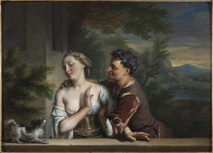 رجل يحاول احتضان امرأة - رجل يحاول احتضان امرأة ، بقلم كاريل (تشارلز) دي مور (1656-1738). زيت على قماش. الأبعاد: 33.5 × 47 سم. المتحف الوطني ستوكهولم بواسطة كاريل دي مور