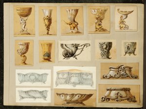 مجموعة مختارة من التصاميم ، House of Carl Faberge (قلم رصاص وألوان مائية مزينة بالأبيض والذهبي على البطاقة)