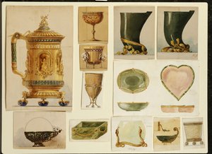 مجموعة مختارة من التصاميم ، House of Carl Faberge (قلم رصاص وألوان مائية مزينة بالأبيض والذهبي على البطاقة)