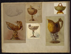 مجموعة مختارة من التصاميم ، House of Carl Faberge (قلم رصاص وألوان مائية مزينة بالأبيض والذهبي على البطاقة)