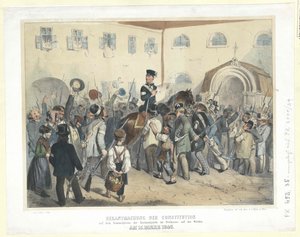 إعلان الدستور في مكان اجتماع الحرس الوطني في فريه هاوس (البيت الحر) في فيدن في 15 مارس 1848 (مطبوعة حجرية ملونة)