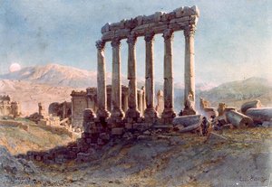 آثار معبد الشمس في بعلبك (ألوان مائية على ورق) بواسطة كارل هاج