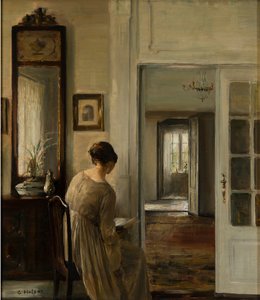 محاضرة. La femme du peintre - القراءة. زوجة الرسام - كارل هولسو (1863-1935). زيت على قماش - الأبعاد: ٥٨ × ٥٢ سم مجموعة خاصة بواسطة كارل هولسو