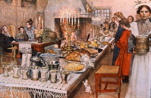 عشاء ليلة عيد الميلاد في السويد ، أوائل القرن العشرين (رسم توضيحي) بواسطة كارل لارسون
