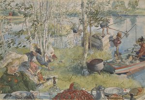 صيد جراد البحر - Crayfishing ، بقلم لارسون ، كارل (1853-1919). ألوان أكريل على ورق. الأبعاد: ٣٢ × ٤٣ سم. المتحف الوطني ستوكهولم بواسطة كارل لارسون