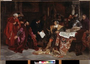 "" الإمبراطور ماكسيميليان الأول (1459-1519) يستقبل سفراء البندقية في فيرونا "(يستقبل الإمبراطور ماكسيميليان سفراء البندقية في فيرونا) لوحة كارل لودفيج فريدريش بيكر (1820-1900) 1879 متحف بوشكين ، موسكو