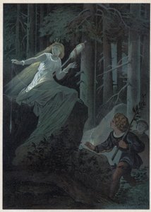 كان رسم الهروب مع مغزل ذهبي يغني بمصير زر ذهبي. رسم توضيحي لكارل أوفترينجر (1829-1889) في "" Bouton d'or "". مجموعة خاصة.