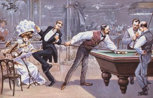Comical scene in a billiards hall (colour litho)