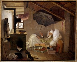 شاعر مسكين رجل عجوز يرقد في العلية. رسم كارل سبيتزويج (1808-1885) 1839. Dim. 0.36 × 0.44 م برلين ، متحف ألتيس ، ألمانيا - الشاعر الفقير. رجل عجوز طريح الفراش في العلية. رسم كارل سبيتزويغ (1808-1885) بواسطة كارل سبيتزويج