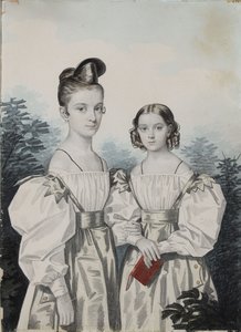 صورة للأخوات آنا بتروفنا 1822-1905 وإلينا بتروفنا 1824-1860 أوشاكوف ، 1830s. بواسطة Carl von Hampeln