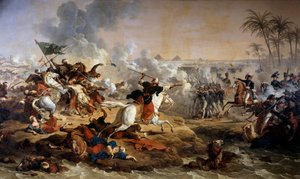 حملة (بعثة) مصر (1798-1801): "" معركة الأهرامات في 21/07/1798 "لوحة رسمها أنطوان ديت كارل فيرنيه (1758-1836) من القرن الثامن عشر بواسي سانت ليجر. قلعة Grosbois