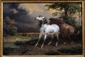 الخيول خائفة من العاصفة. لوحة كارل فيرنيه (1758-1835)