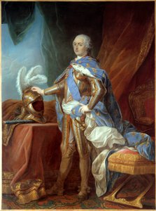 بورتريه في قدم لويس الخامس عشر (1710-1774) ، مرتديًا درعًا ، ويده موضوعة على دفة. لوحة لكارل فان لو (1705-1765) ، زيت على قماش (271 × 193 سم) بواسطة كارل فان لو