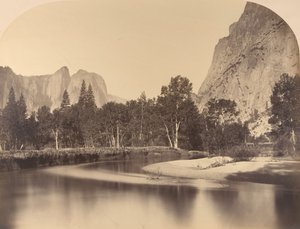 منظر للنهر ، أسفل الوادي ، صخرة الكاتدرائية على اليسار ، 1861 ، يوسمايت. بواسطة كارلتون إيمونز واتكينز