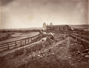 سانتا باربرا وكنيسة الإرسالية ، 1876 ، طبعت كاليفورنيا. 1876. بواسطة كارلتون إيمونز واتكينز