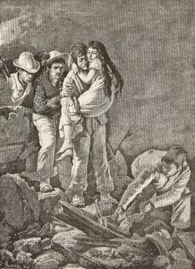 يتم إنقاذ فتاة بعد انهيار منزلها ، زلزال Casamicciola ، إيطاليا ، نقش من رسم لـ E Sanesi ولوحة من Carlo Ademollo (1824-1911) ، من L