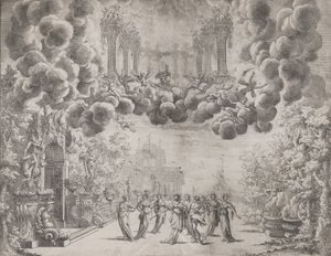 تصميم مسرحي بشخصيات مجازية ، من "فكرة جميع الكمال ... بياتشينز ... ، كاليفورنيا. 1690. بواسطة كارلو أنطونيو فورتي