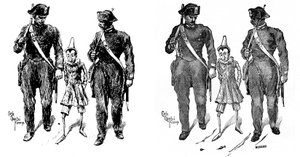 بينوكيو بواسطة كارلو كيوستري (1863-1939) ، أحد الرسامين الإيطاليين الأوائل لعمل كولودي (كارلو لورنزيني). يأخذ اثنان من الدرك الدمية الخشبية. الصورة على اليسار هي الرسم الأصلي لـ Chiostri ، والصورة الموجودة على اليمين هي عربة النقش