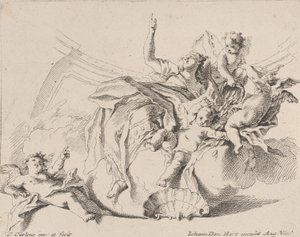 الثروة ، ممثلة بامرأة جالسة على السحاب ومحاطة ببوتي ، أحدها ... ، 1725-1775.