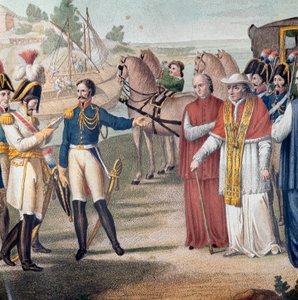 تم القبض على البابا بيوس السابع (بيو) (1742-1823) لدى عودته إلى إيطاليا من قبل الجيش النمساوي النابولي بالقرب من بارما في 25 مارس 1814 - نقش بواسطة كارلو لاسينيو (1759-1838) - الطباعة الحجرية الملونة (اعتقال البابا بيوس السابع) (1742-1823) عند عودته إلى إي