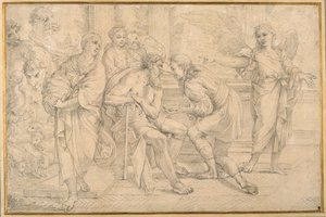 Tobias healing the blindness of Tobit with the gall of the fish (black chalk on paper) بواسطة كارلو ماراتي