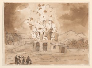رسم، منظر طبيعي مع برج محترق، حوالي 1780