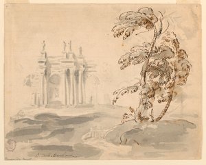 رسم، شجرة في منظر طبيعي مع مبنى، 1756-1758 بواسطة كارلو مارشوني