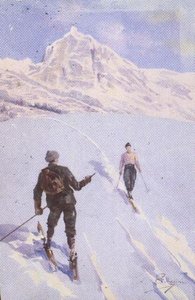 المتزلجون على جبل روز ، سويسرا (لون ليثو)