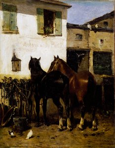Post-horses, painting by Carlo Pittara (1836-1891), oil on canvas, 41x32 cm, Italy