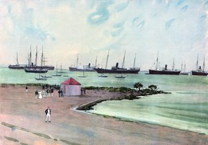 السفن الإسبانية التي تم الاستيلاء عليها في المرساة في ميناء مان أوف وار ، كي ويست. - منظر من Esplanade بالقرب من ثكنات جيش الولايات المتحدة