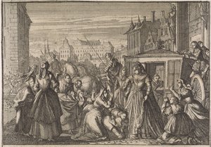 تجثو النساء أمام الملكة آن في باريس ويتوسلنها لخفض الضرائب ، 1645 بواسطة كاسبار لويكن (منسوب إلى)