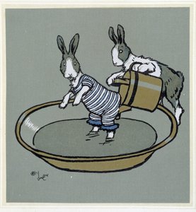 Rabbits prennant un bain - in “” Merry Party””, ill. by Cécil Aldin, ed. Hodder & Stoughton, London بواسطة سيسيل تشارلز وندسور الدين