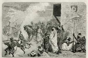 صبي يرتدي انتصارًا عند عودة حفل الختان ، وسط الحشد الذي يطلق طلقات نارية في الهواء ، بينما يصرخ ويستمتع بنفسه مرة أخرى ، نقشًا بواسطة سي بيسيو لتوضيح قصة Le Maroc لإدموندو دي أميسيس ، في بواسطة سيزار بيسو