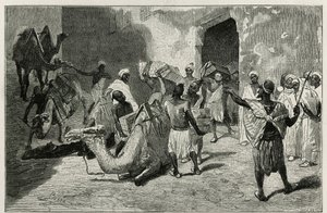تحميل الجمال من قافلة مؤلف القصة ، Atanger ، نقش بيسيو ، لتوضيح قصة Le Maroc بواسطة Edmondo de Amicis ، في عام 1875 ، المنشورة في جولة العالم ، تحت إشراف إدوارد شارتون بواسطة سيزار بيسو