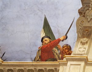 التفاصيل من رمزية إيطاليا ، لوحة جدارية بواسطة سيزار مارياني (1826-1901) ، السقف ، قاعة الأغلبية ، قصر ديلي فينانزي (قصر المالية) ، روما. إيطاليا بواسطة سيزار مارياني